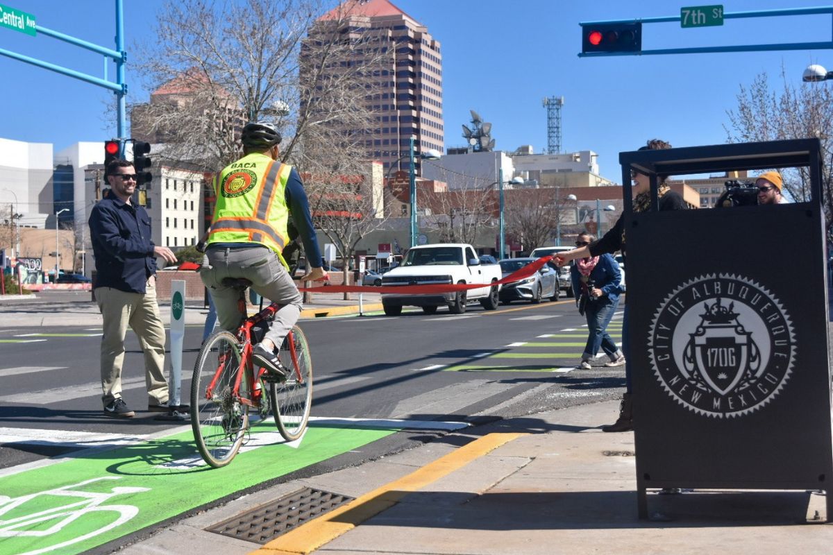 Albuquerque City Councilor Joaquín Baca uses the newly improved Central Avenue bike lane as part of the city's Vision Zero initiative to improve pedestrian and cyclist safety. (City of Albuquerque)
