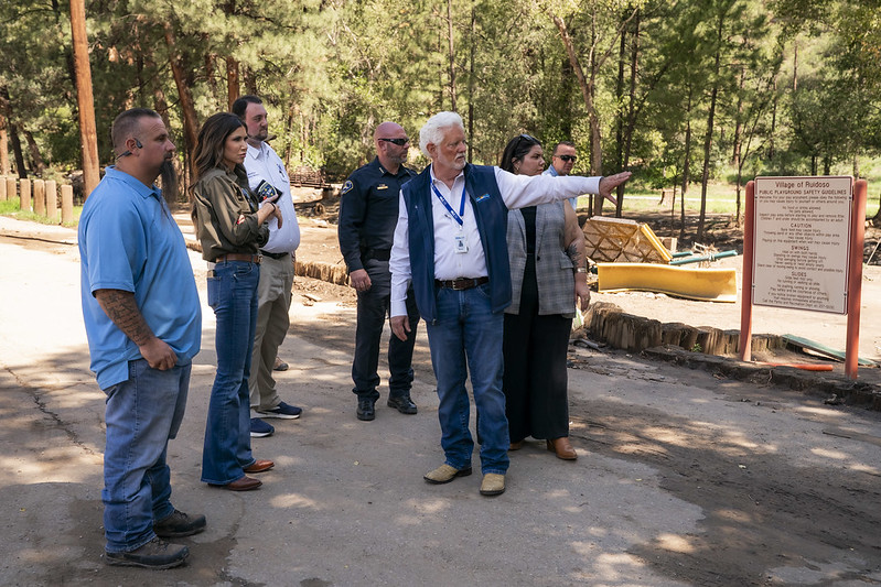 Department of Homeland Security (DHS) Secretary Kristi Noem tours flood damaged areas with Mayor Lynn Crawford and Emergency Manager Eric Queller in Ruidoso, New Mexico, August 19, 2025. (DHS photo by Tia Dufour)
