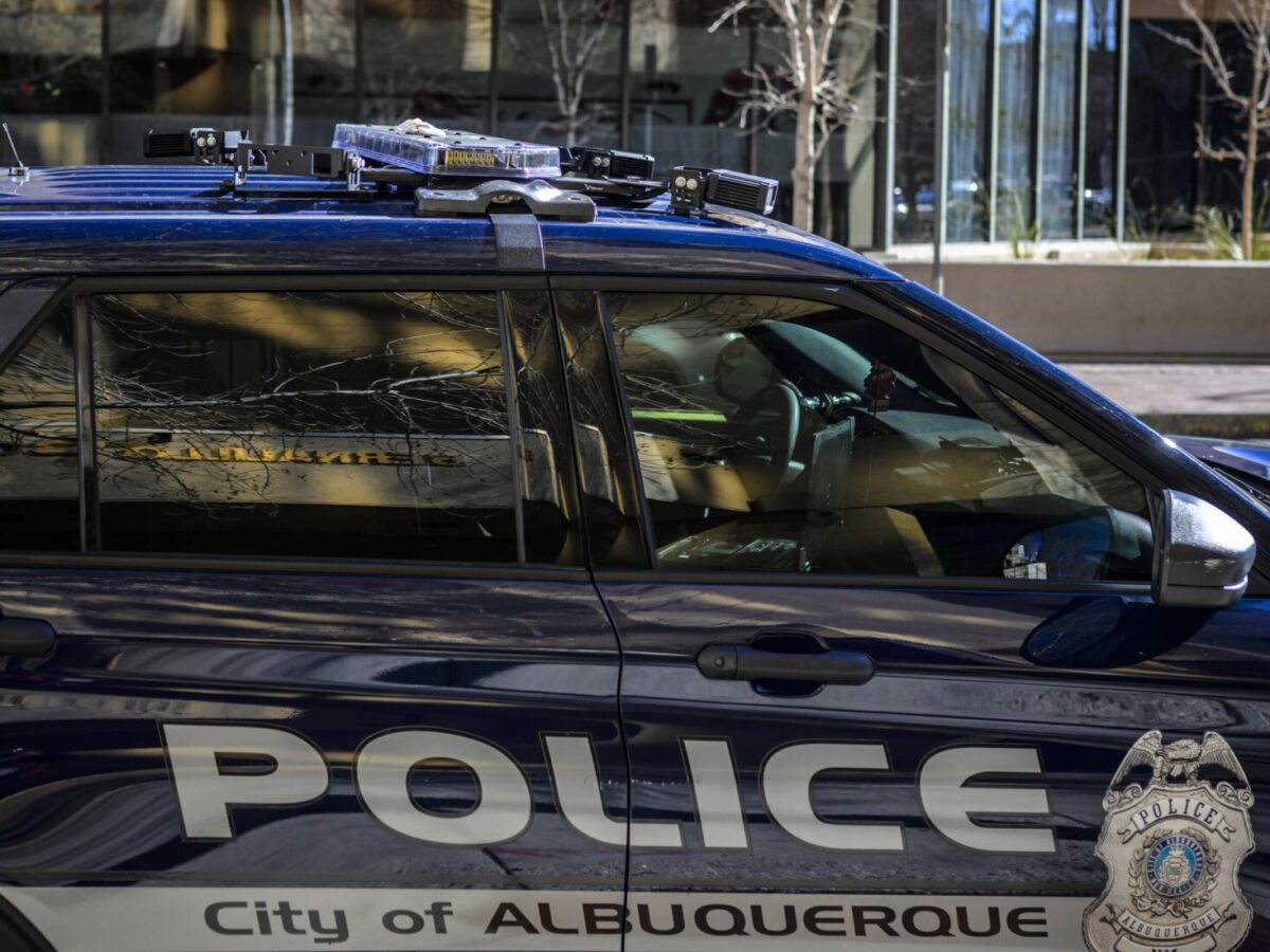 An Albuquerque Police Department (APD) cruiser with a license plate reader attached to the roof. Photographed in downtown Albuquerque. Photo by Roberto E. Rosales/The City Desk.