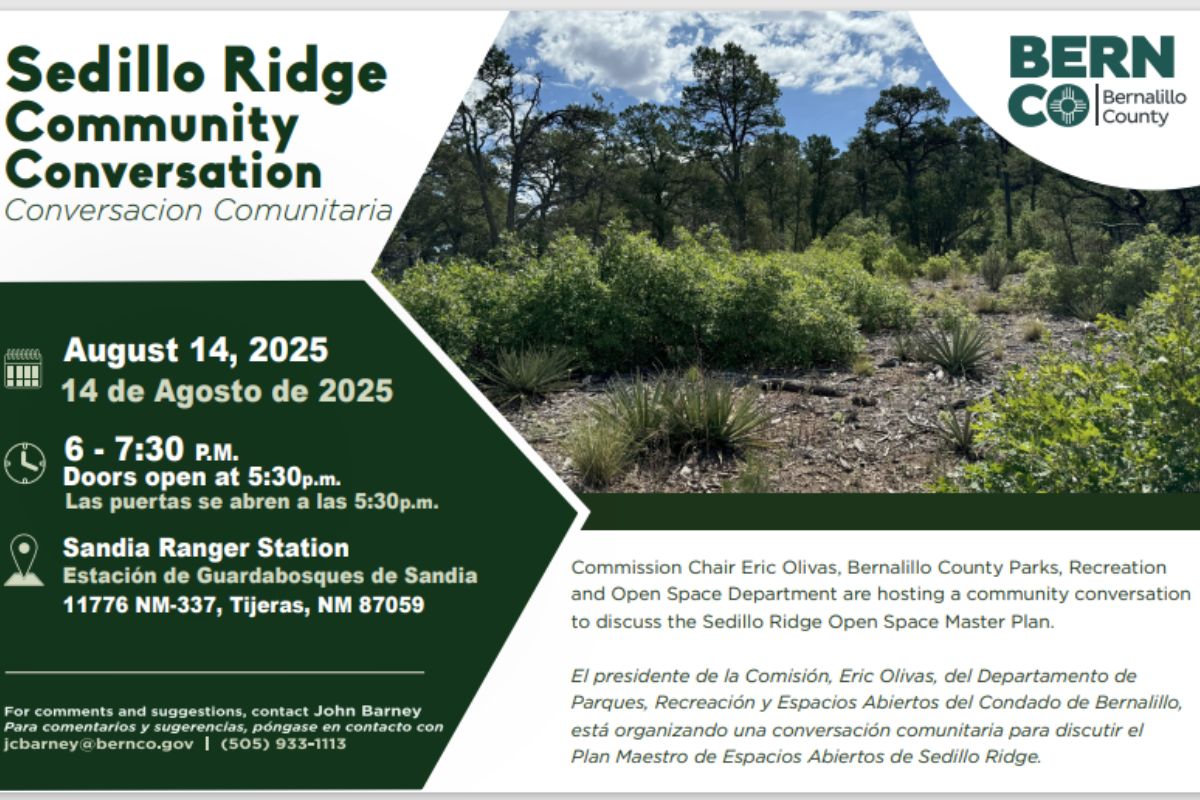 The East Mountains community will have a rare opportunity to influence county policy when Bernalillo County District 5 Commissioner Eric Olivas hosts a community conversation about opening Sedillo Ridge Open Space, located just 5 miles from Tijeras.