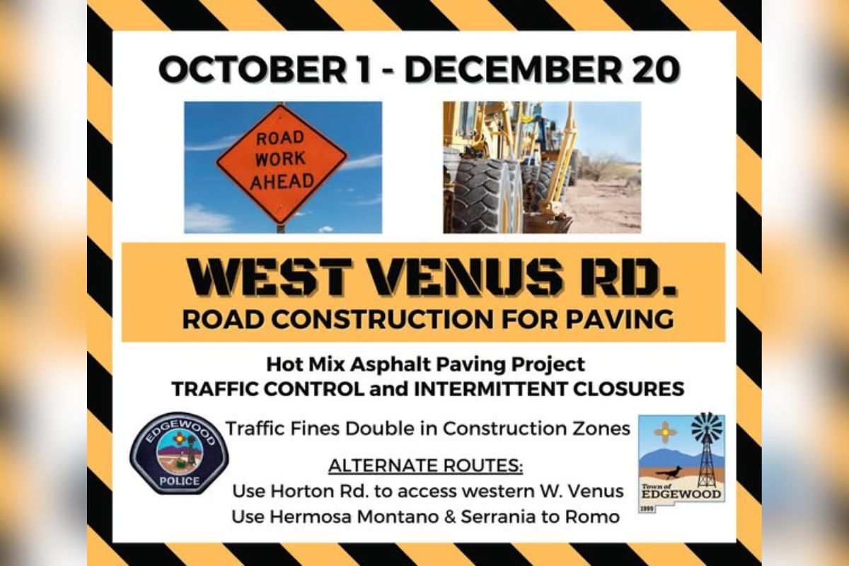 The Town of Edgewood will begin a major road construction project on West Venus Road starting Wednesday, with work expected to continue through Dec. 20.