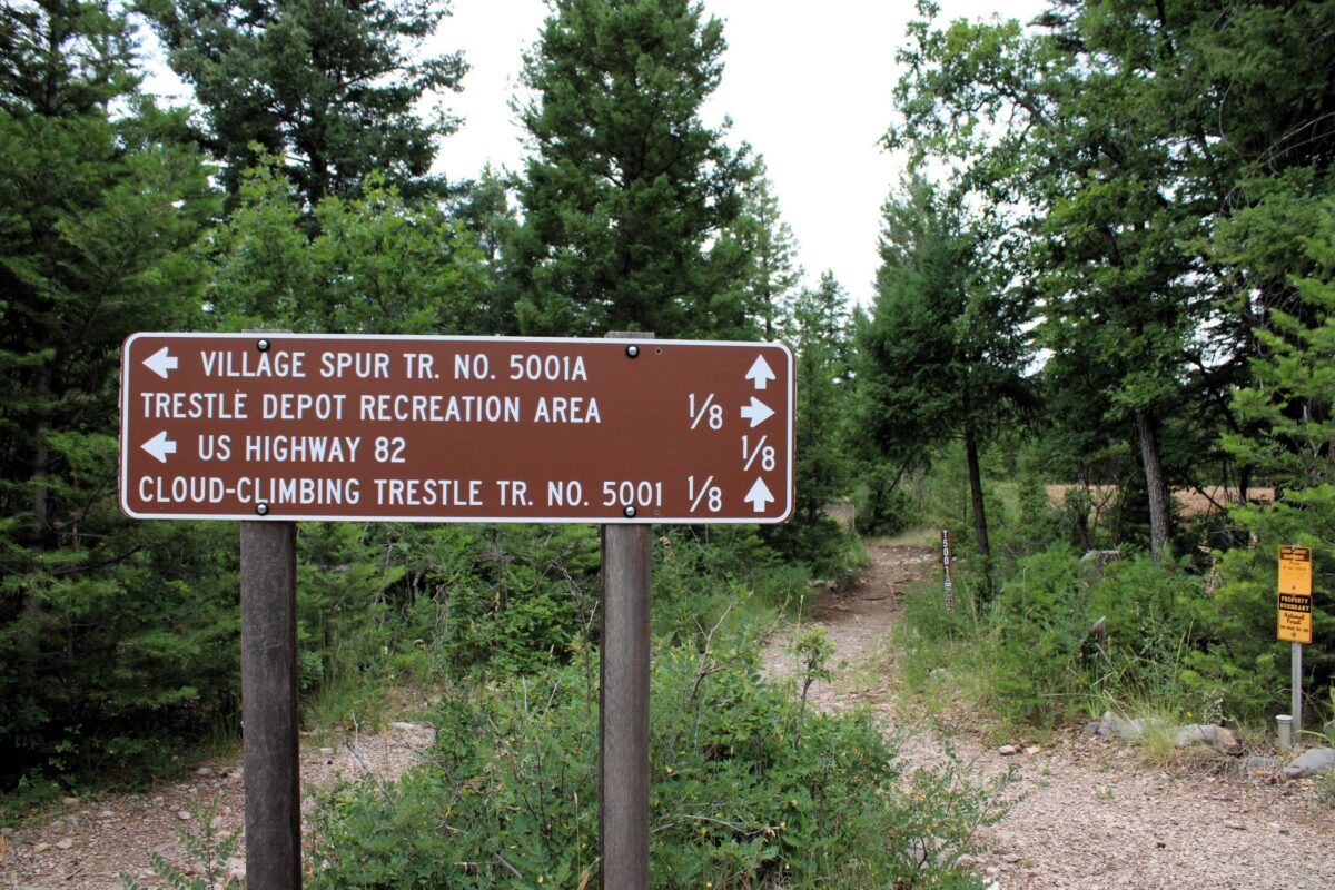A trail marker on the Lincoln National Forest in August 2023.