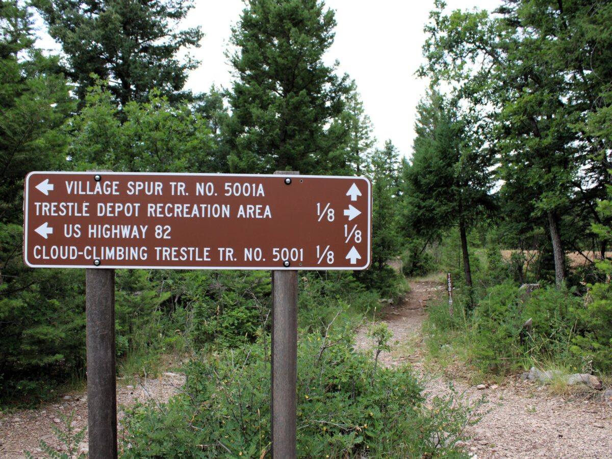 A trail marker on the Lincoln National Forest in August 2023.