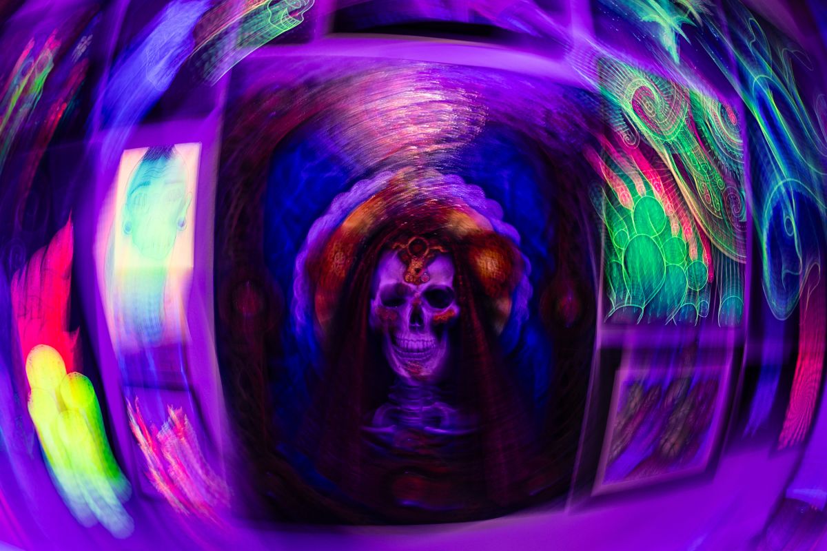 Image: “Dia de Muertos Madonna II” 3D Art 30"x24" Oil on canvas – Photography by George Evans Artist: Ricardo Chavez-Mendez