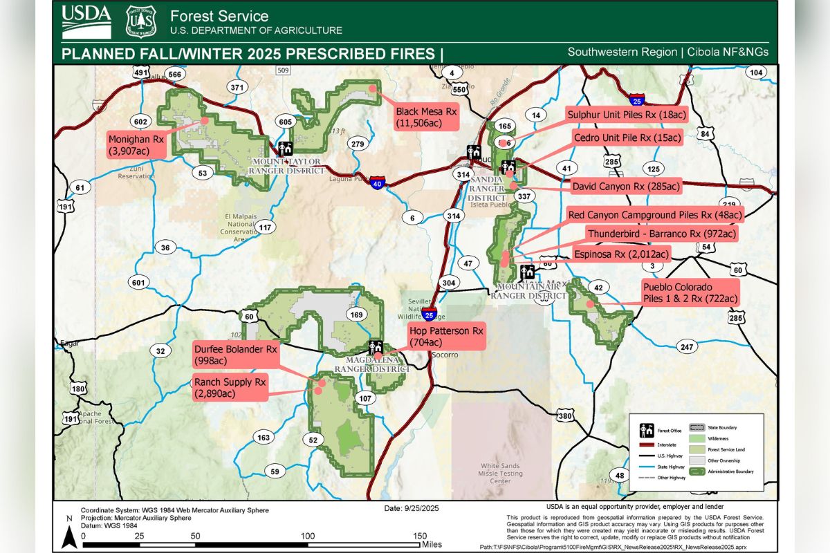 The U.S. Forest Service will conduct prescribed burns across central New Mexico this fall in areas near Mountainair through December.