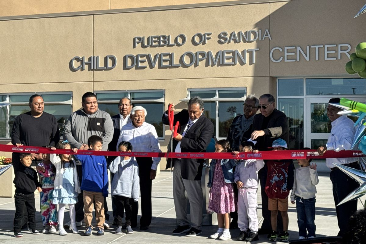 Sandia Pueblo Gov. Felix Chaves cuts the ribbon at a ceremony celebrating the grand opening of a new Early Childhood Development Center near Bernalillo/ (Courtesy photo)