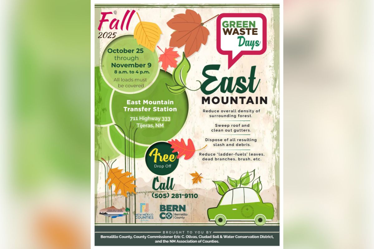 Bernalillo County announced the return of Green Waste Days, offering East Mountain residents free disposal of yard debris from Oct. 25 through Nov. 9 at the East Mountain Transfer Station.