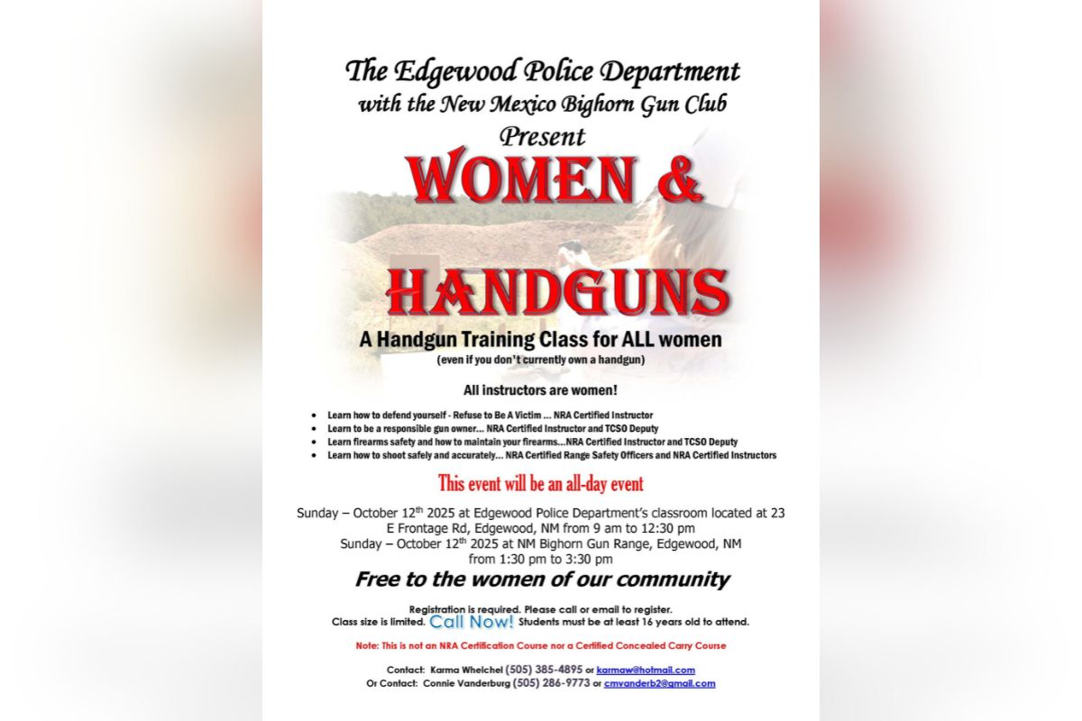 The Edgewood Police Department will partner with the New Mexico Bighorn Gun Club to offer a free handgun training class exclusively for women on Oct. 12.
