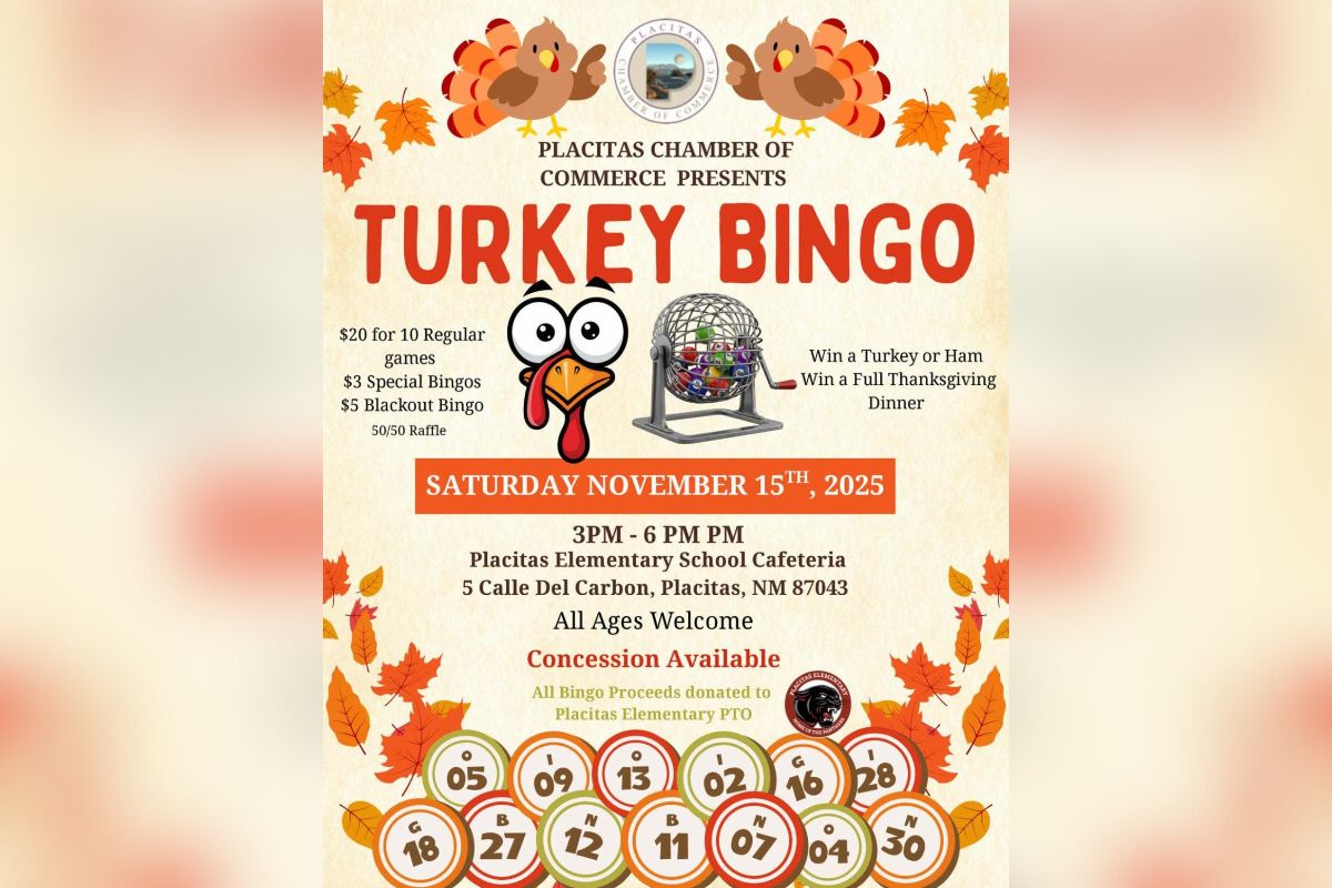 The Placitas Chamber of Commerce will host a Turkey Bingo event on Saturday, Nov. 15, from 3 to 6 p.m. at Placitas Elementary School cafeteria, 5 Calle Del Carbon.