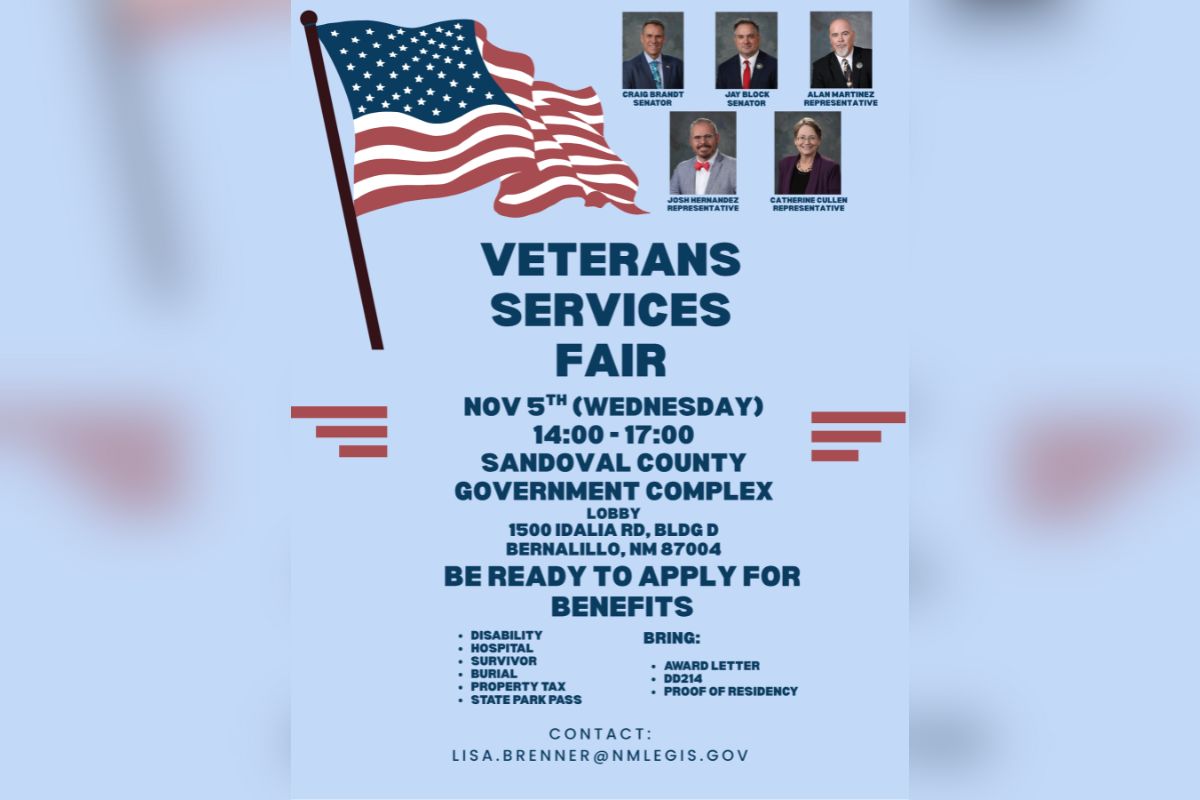 A Veterans Services Fair will be held Wednesday from 2 to 5 p.m. at the Sandoval County Government Complex to help veterans apply for benefits.