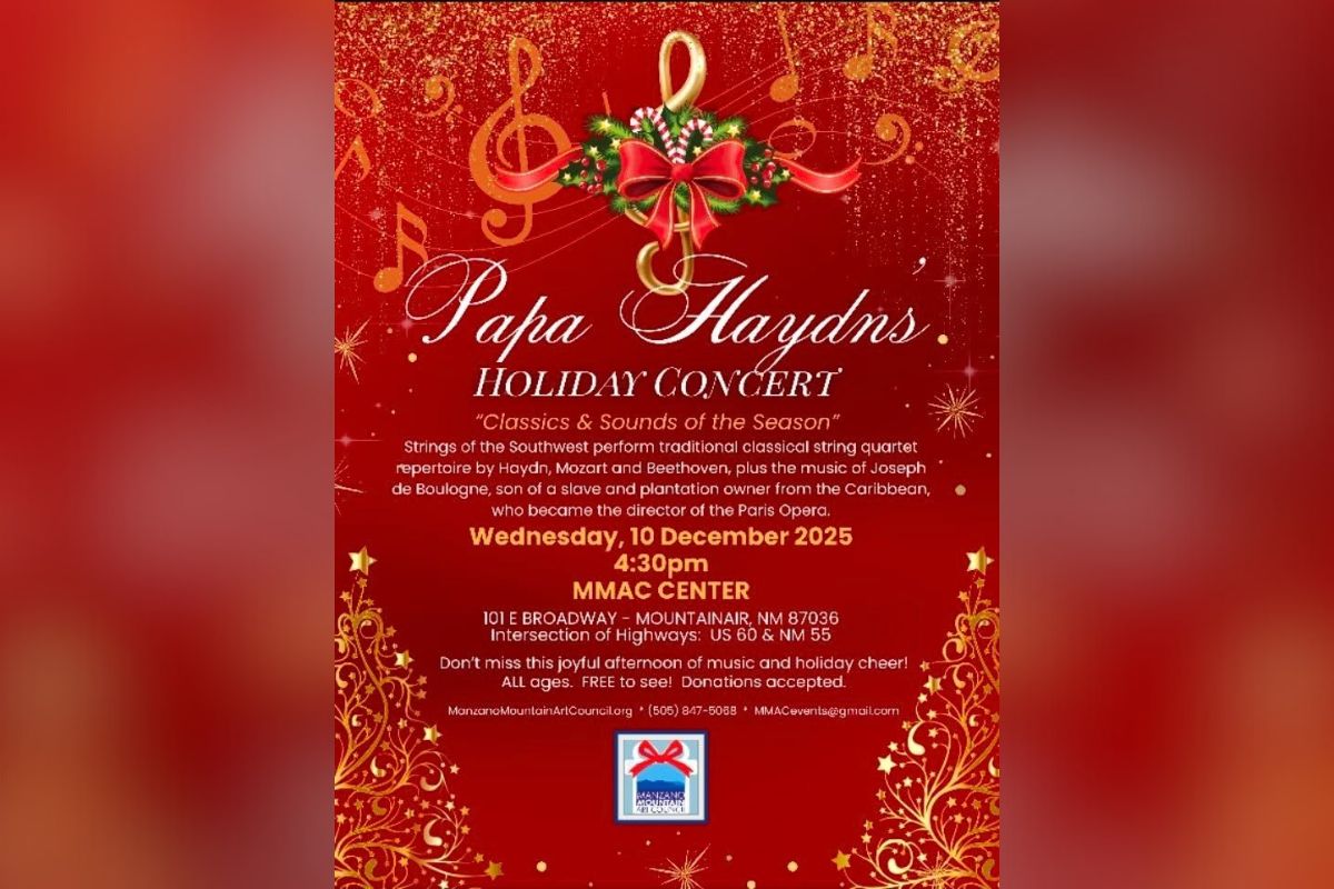 The Manzano Mountain Art Council will present a free holiday concert featuring classical string quartet music Wednesday afternoon at the MMAC Center.