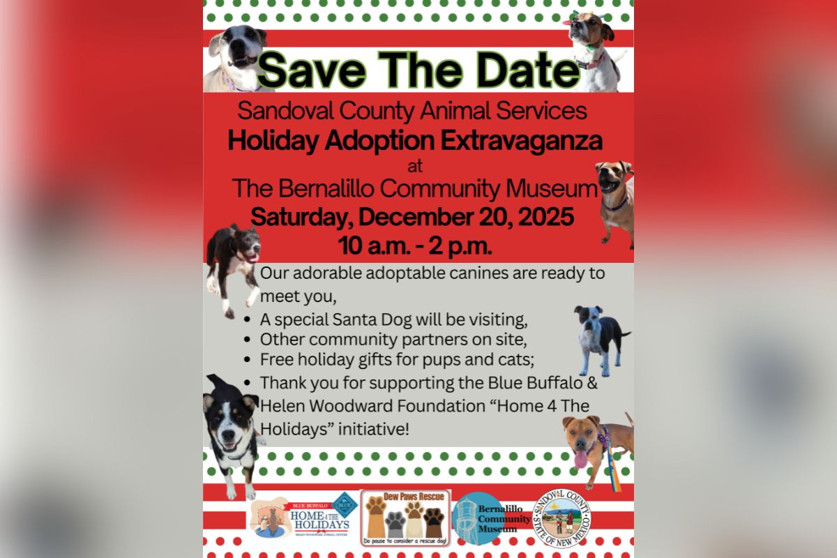 Sandoval County Animal Services will host its Holiday Adoption Extravaganza on Saturday, Dec. 20, offering families the chance to adopt dogs in time for the holidays.