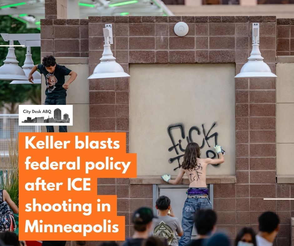 Albuquerque’s downtown saw a large presence of anti ICE protesters marching throughout downtown in June 2025. Many holding signs and chanting demanding that ICE gets out of Albuquerque. Pictured are protesters in downtown Civic Plaza. Photo by Roberto E. Rosales / The Paper