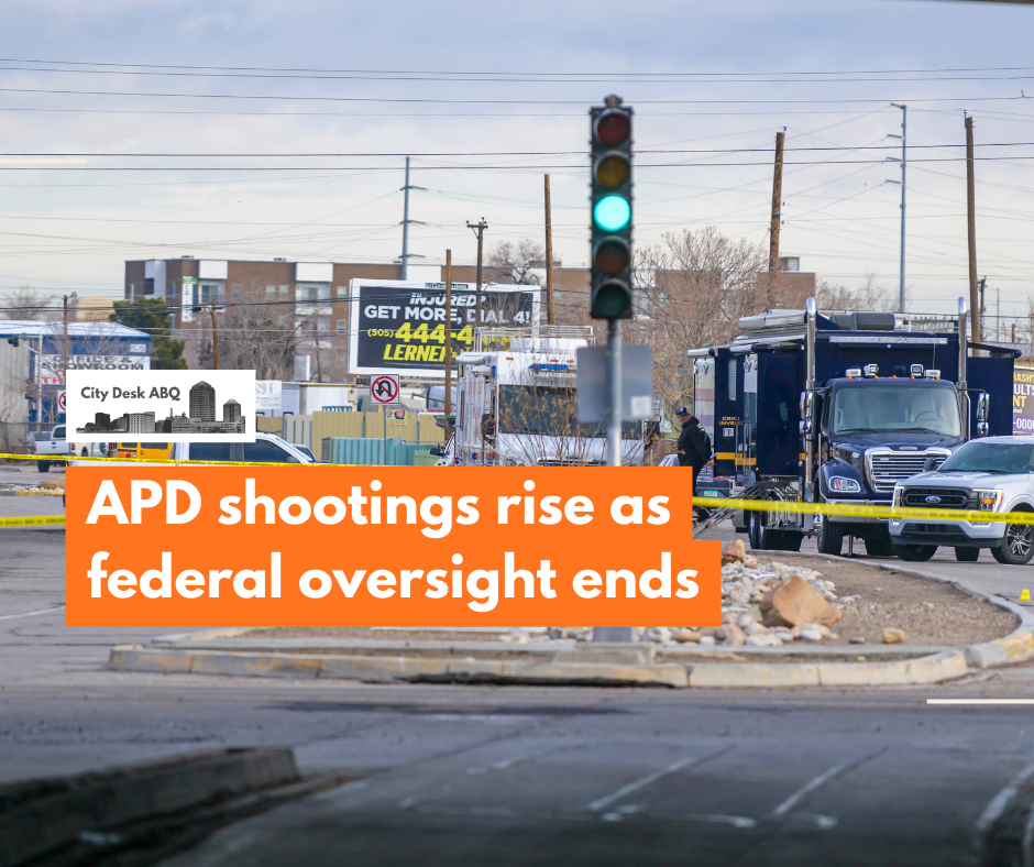 Pictured is the scene of an APD officer-involved shooting near I-40 and 6th street near the Love’s truck stop. Photo by Roberto E. Rosales/The City Desk. Photo by Roberto E. Rosales/The City Desk