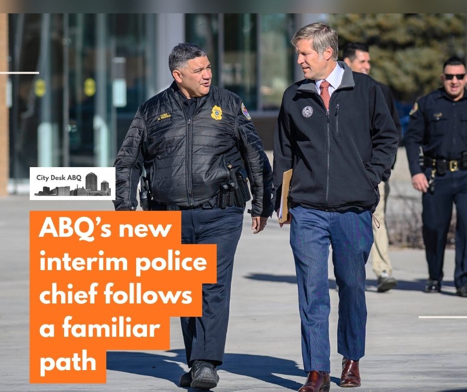 Former APD cheif Harold Medina, left, walks with Albuquerque Mayor Tim Keller. (Roberto E. Rosales)