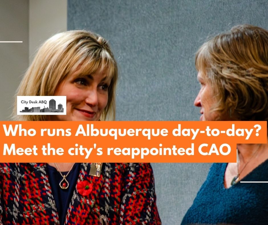 Samantha Sengel, Albuquerque’s chief administrative officer, talks with Arts and Culture Department Director Shelle Sanchez during the City Council meeting Wednesday, Jan. 21, where councilors unanimously reappointed her to the position.