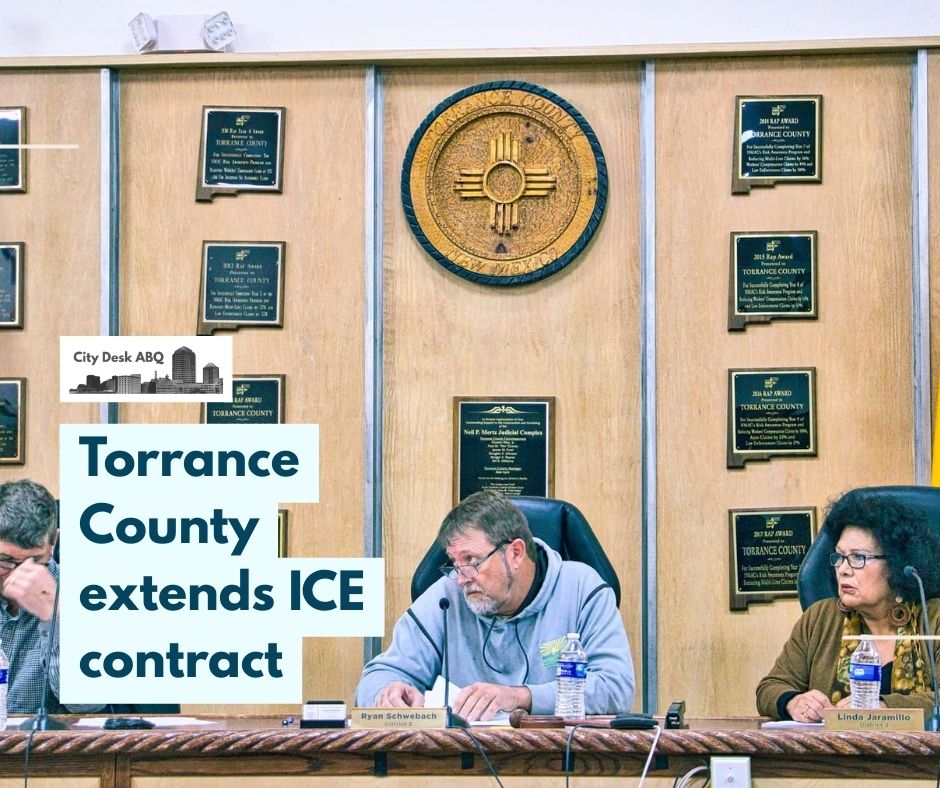 L to R: Commissioner Kevin McCall, Chairman Ryan Schwebach, and Commissioner Linda Jaramillo listen to County Manager Jordan Barela discuss the county's contract with ICE. - (Todd Brogowski/Mountainair Dispatch)
