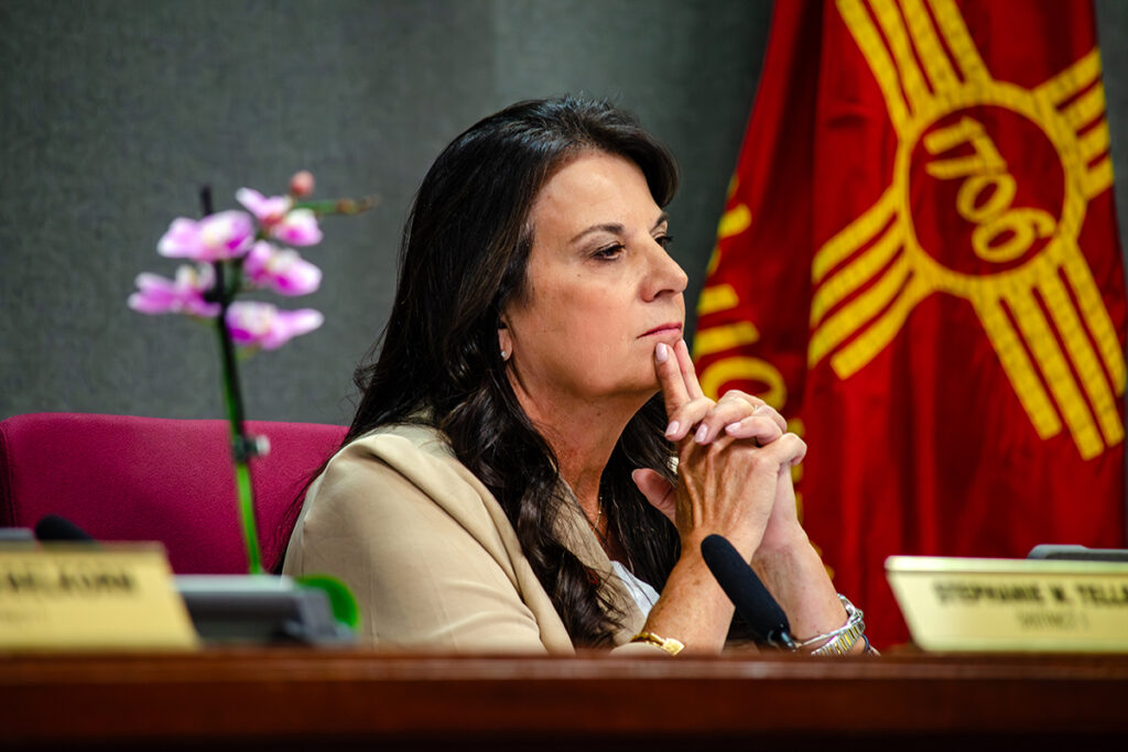 City Councilor Renée Grout listens to public testimony during a past Albuquerque City Council meeting at City Hall. Grout recently challenged the city administration over its decision to end Sunday phone services for the 311 helpline. (Jesse Jones)