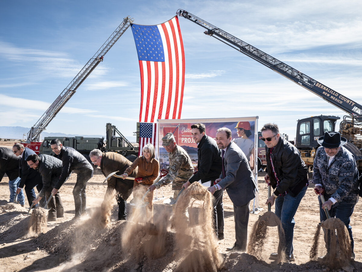 Castelion announced on Jan. 22 that it selected Sandoval County, New Mexico, as the site for Project Ranger, a 1000-acre solid rocket motor manufacturing campus dedicated to next-generation hypersonic systems. Pictured are dignitaries including Gov. Michelle Lujan Grisham, center, moving dirt during the groundbreaking ceremony. Photo by Roberto E. Rosales for New Mexico News