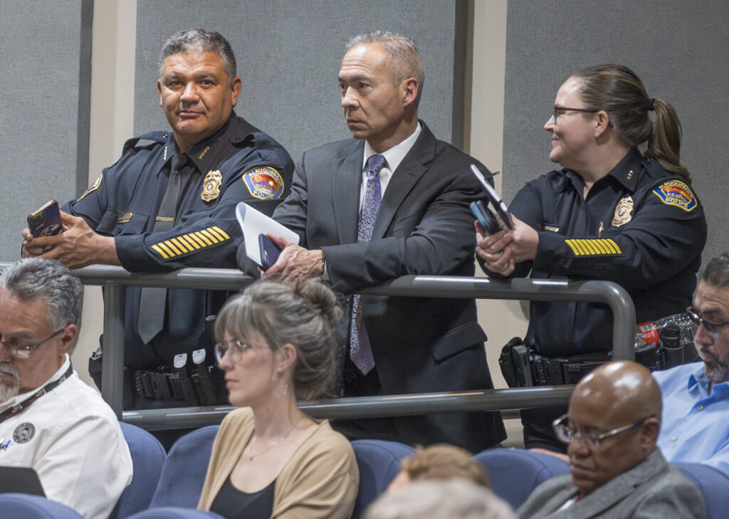 From left, former APD Chief Harold Medina, Police Reform Bureau Superintendent Eric Garcia and then-Deputy Chief Cecily Barker attend a past City Council hearing on police shootings. Barker now serves as APD chief.
Photo by Roberto E. Rosales/City Desk Abq
