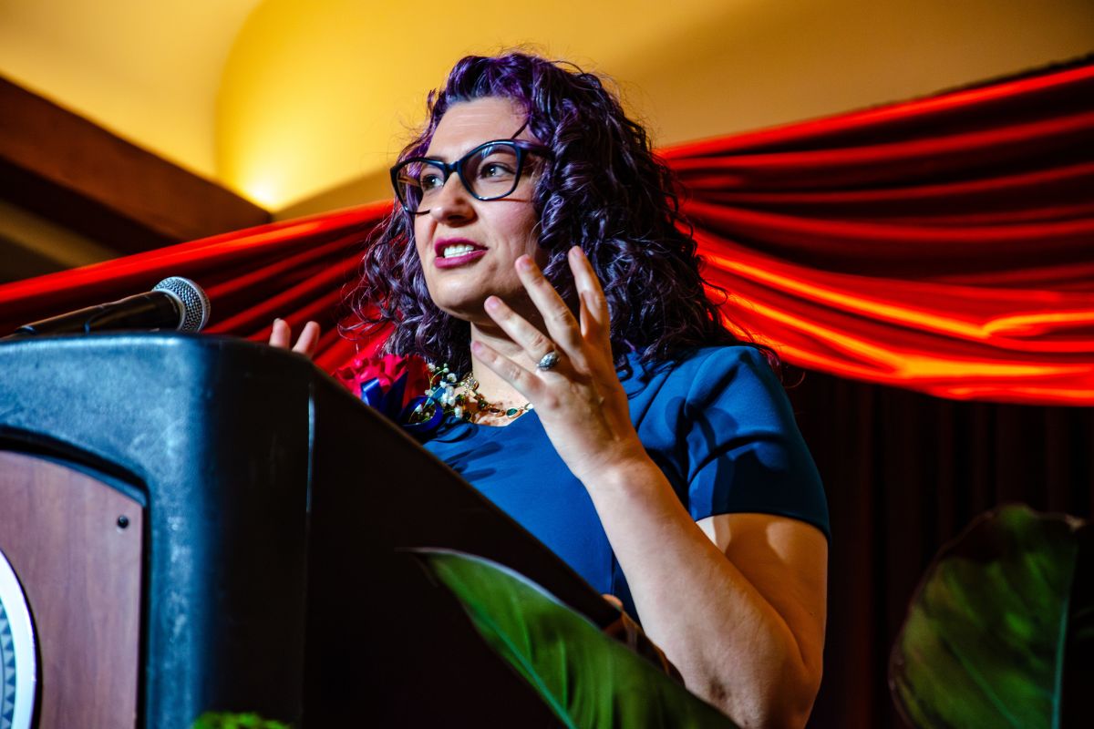 Newly sworn-in District 1 Councilor Stephanie Telles delivers remarks on Jan. 4, 2026, telling the audience she is “very grateful and honored” to serve District 1.