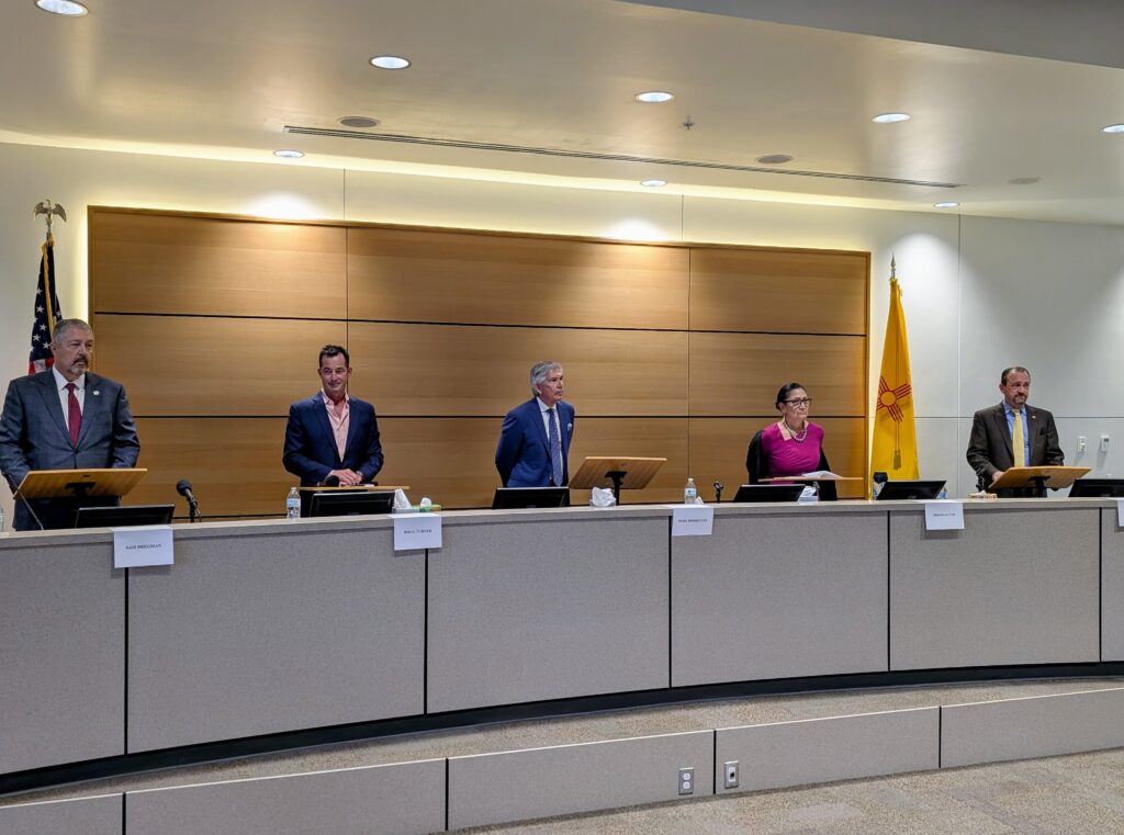 From left, New Mexico gubernatorial candidates Sam Bregman, Doug Turner, Duke Rodriguez, Deb Haaland and Gregg Hull participated in a forum in Rio Rancho on April 28. (Kevin Hendricks)