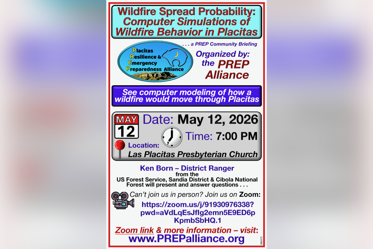 Placitas Resilience & Emergency Preparedness Alliance (PREP) is hosting a May 12 presentation by District Ranger Ken Born of the U.S. Forest Service on possible wildfire behavior in Placitas.