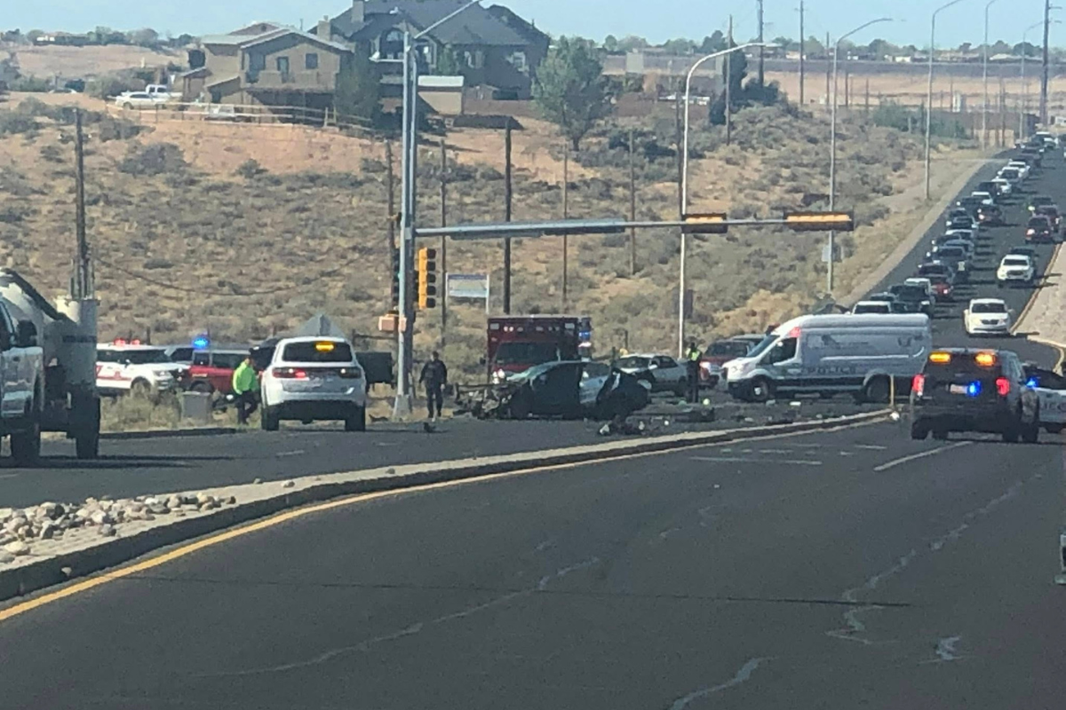 A two-vehicle crash at NM Highway 528 and Corrales Road Saturday morning killed one person and left two others hospitalized, according to the Rio Rancho Police Department. (Photo courtesy of Curt Young).