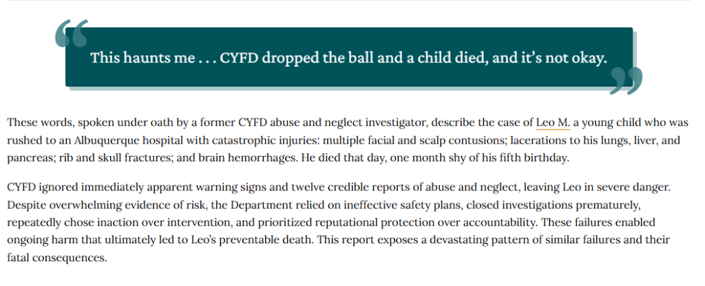 The state attorney general released a sweeping investigative report Wednesday finding systemic failures at New Mexico's child welfare agency and filed suit to end its use of confidentiality laws to block oversight.