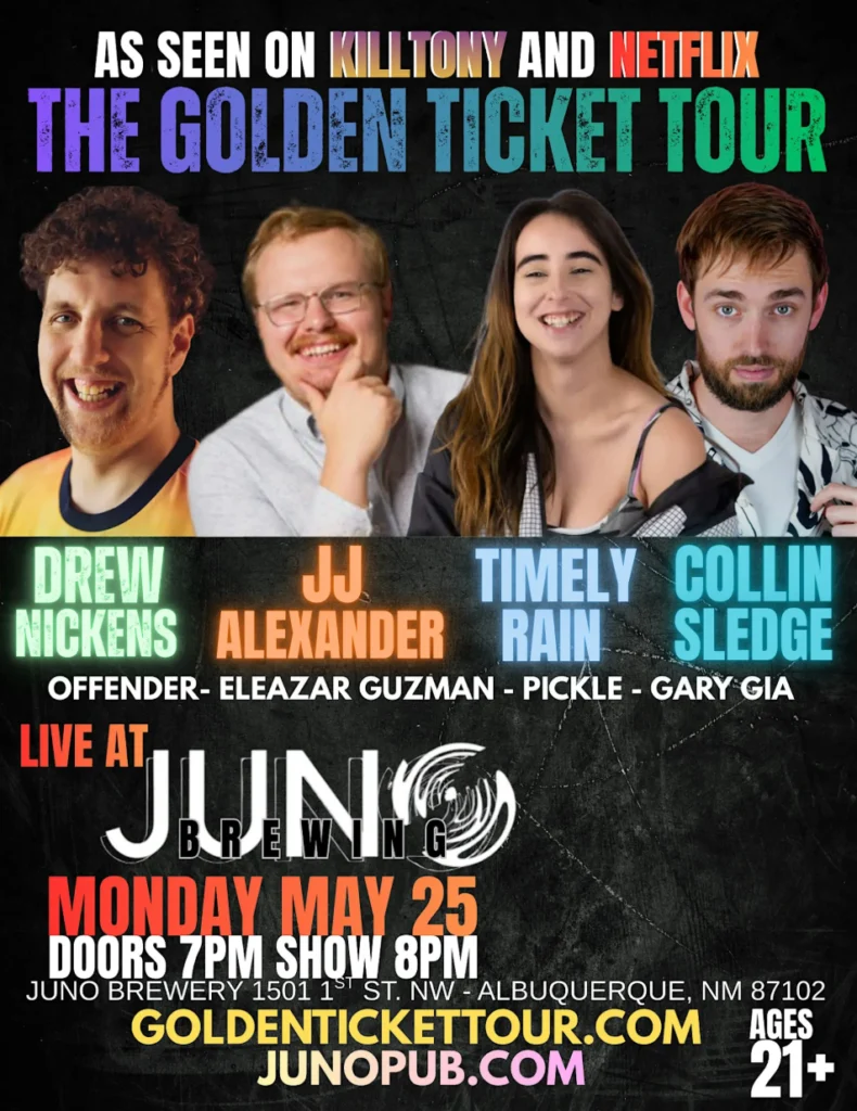 A poster with the faces of four comedians