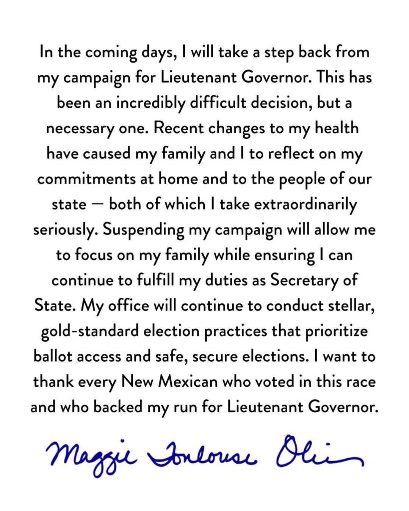 New Mexico Secretary of State Maggie Toulouse Oliver posted this statement on social media Thursday morning.