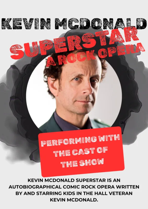 A head shot of comedian Kevin McDonald on a poster for his show "Superstar: A Rock Opera"