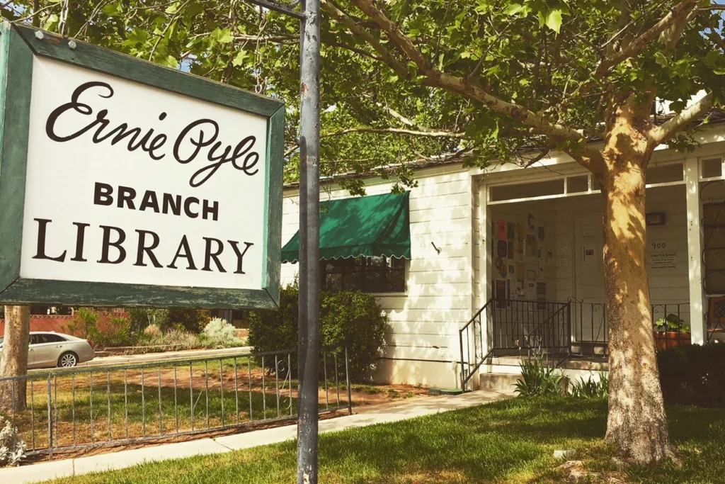A sign sits outside the Ernie Pyle Branch Library.