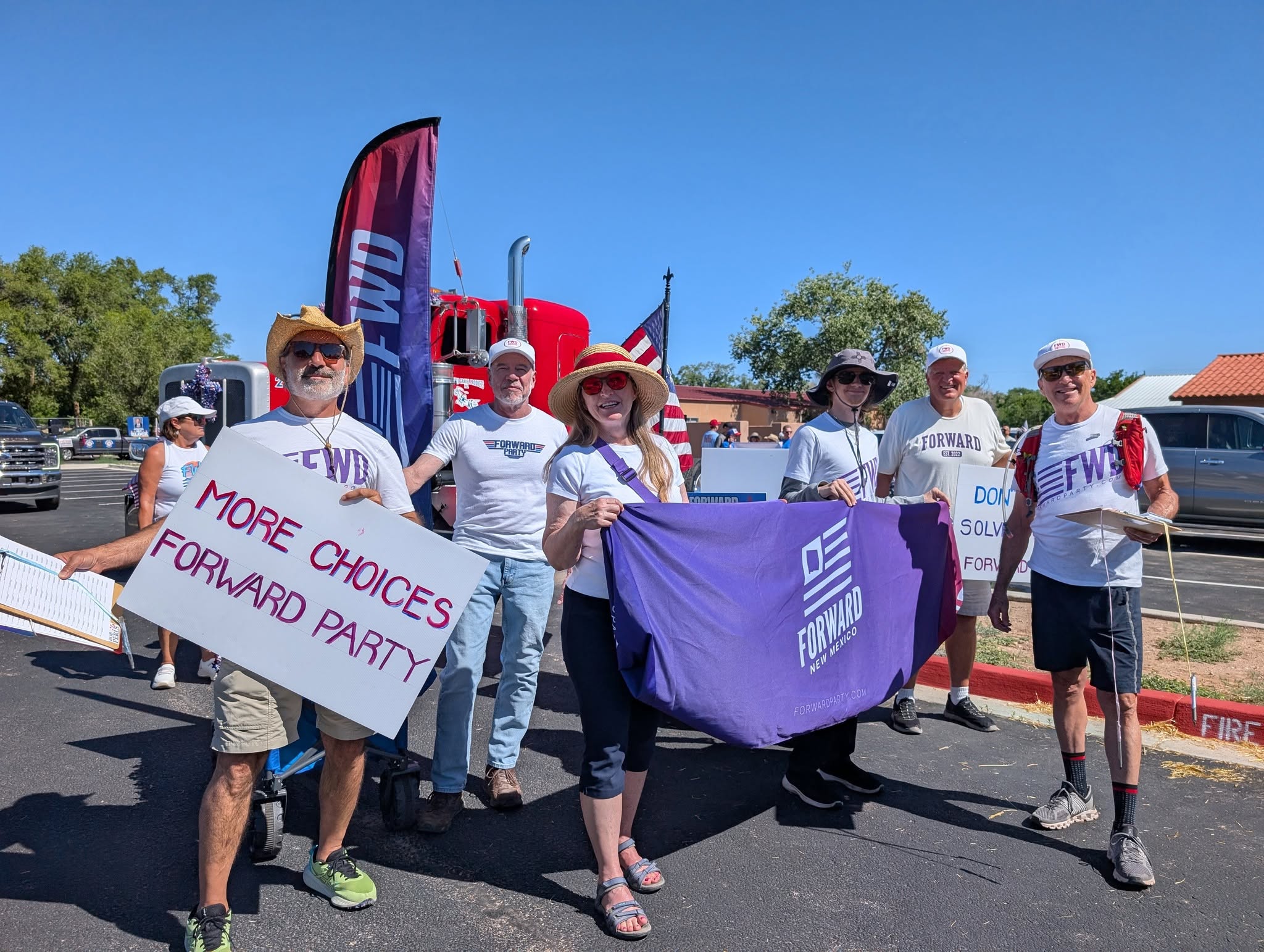 Supporters of the New Mexico Forward Party prepare to march in the Corrales July 4th parade (Party Courtesy photo, 2026, FB)