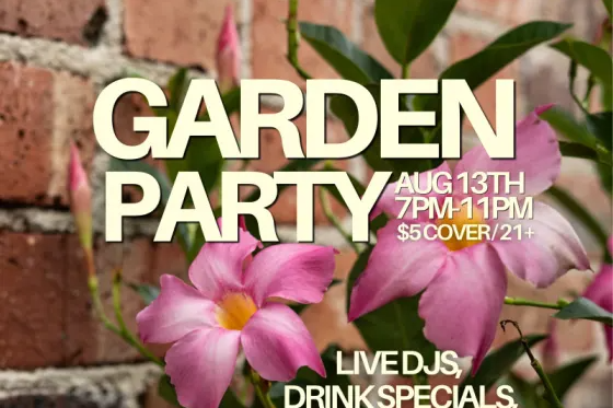 Poster for a garden party with flowers.