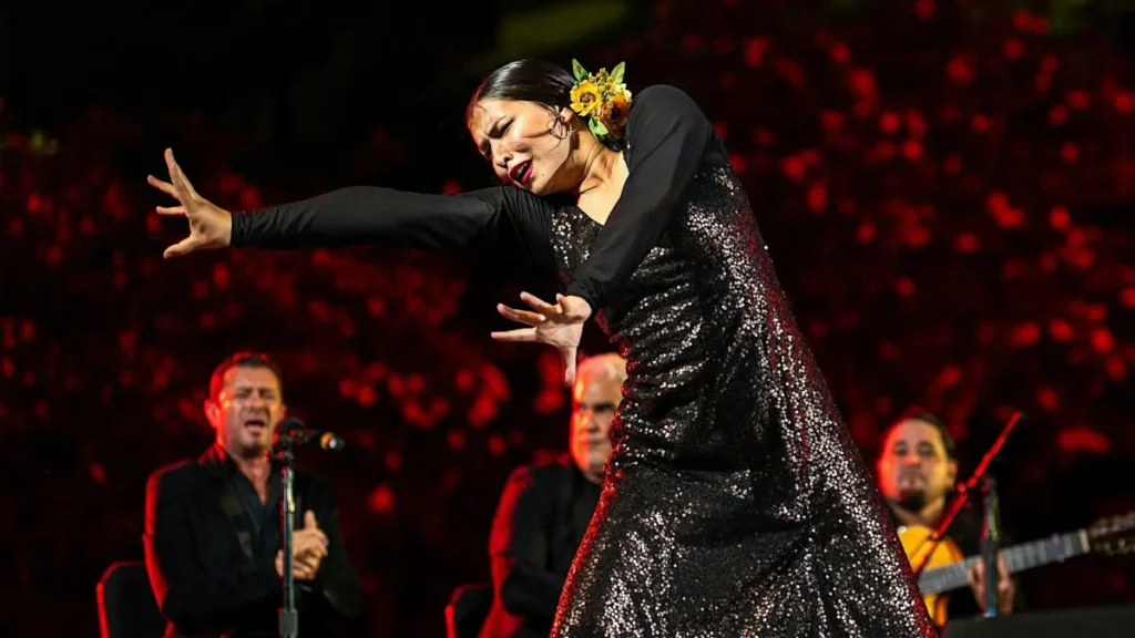 A flamenco dancer in a black dress performs on stage.