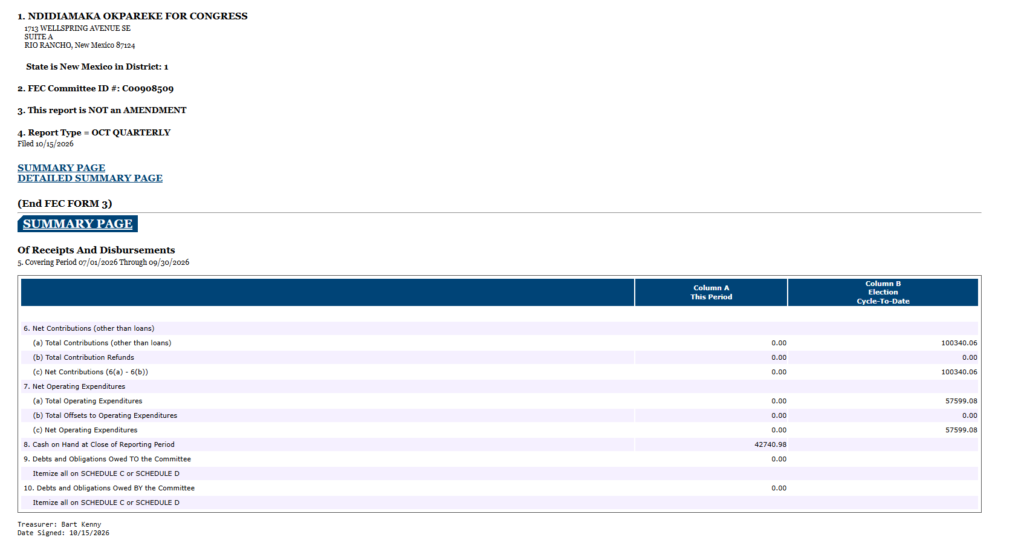Okpareke’s October Quarterly report to the Federal Election Commission, filed Oct. 15, shows $0 raised, $0 spent and no debts from July 1 through Sept. 30. (Screenshot: Federal Election Commission)